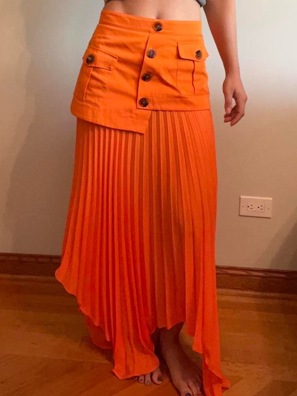 C/MEO Collective Asymmetric Pleated Maxi Skirt in Bright Orange